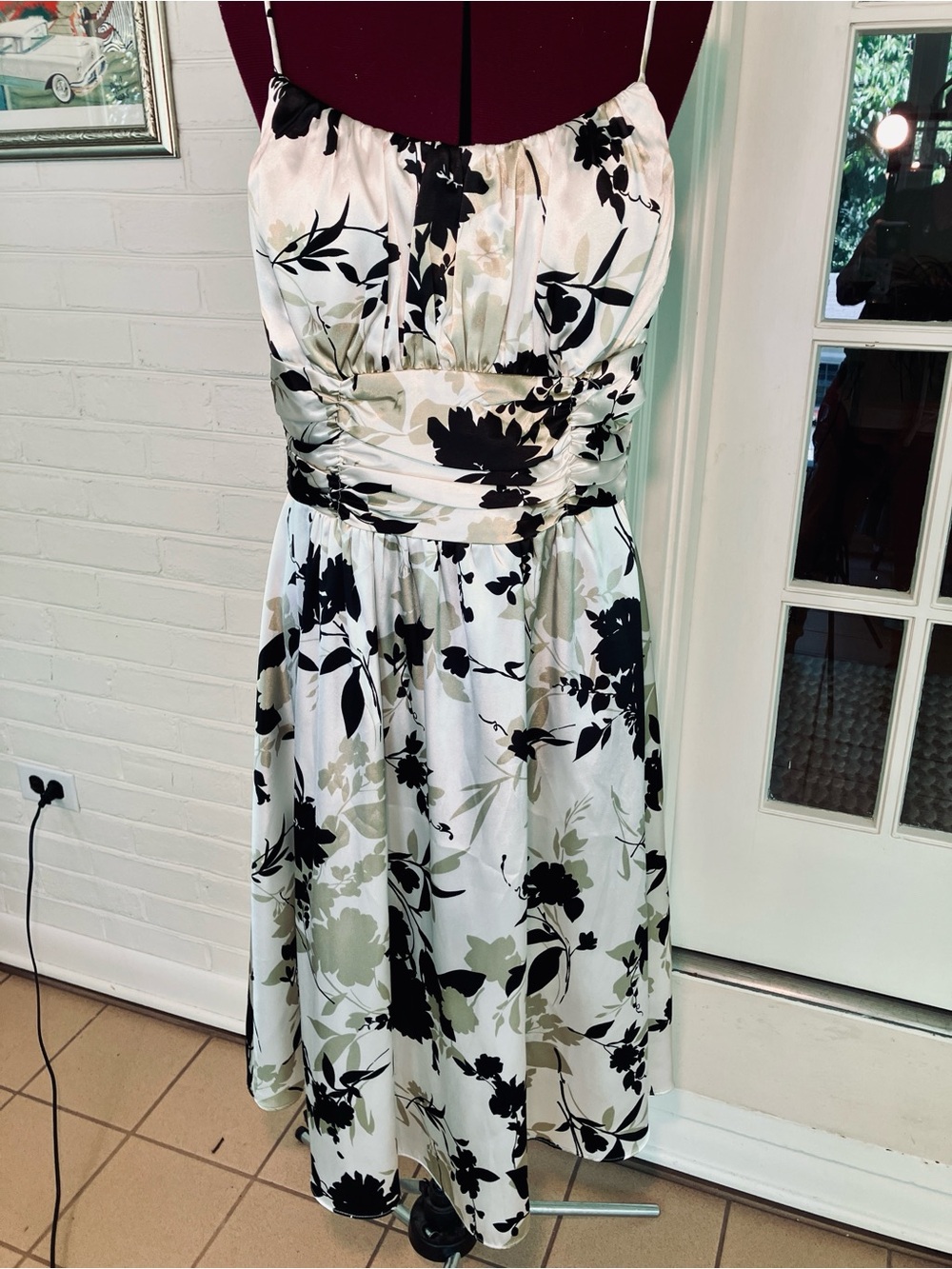 Dress Barn Collection Satin Floral Midi Dress | Size 12 | Cream Black Sage